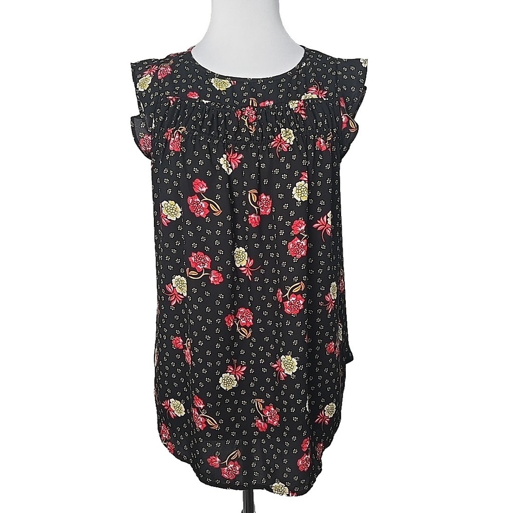 LOFT Outlet Black Floral Cap Sleeve Chiffon Blouse Size Small S